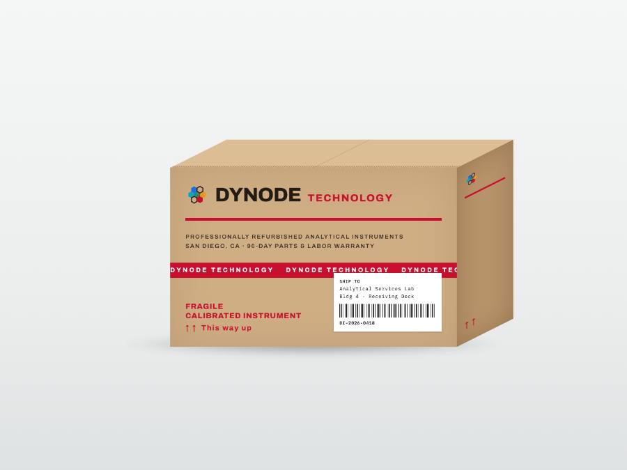 Dynode Technology branded shipping carton, two-color print on kraft board